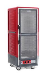 The Metro C539-HDC-4 is a full-height, red insulated holding cabinet with Dutch Clear Doors and fixed wire slides. It features wheels for mobility, operates at 120V and 60Hz, includes a bottom panel thermometer gauge and controls, and runs at 2000W for precise temperature management.