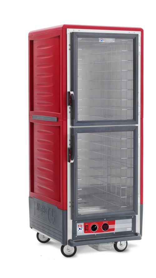The Metro C539-HDC-4 is a full-height, red insulated holding cabinet with Dutch Clear Doors and fixed wire slides. It features wheels for mobility, operates at 120V and 60Hz, includes a bottom panel thermometer gauge and controls, and runs at 2000W for precise temperature management.