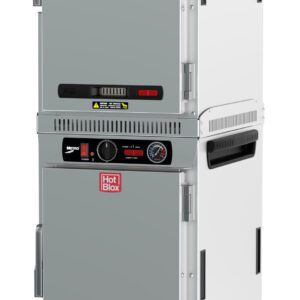 The Metro HBCN16-AS-M is a stainless steel, dual-cavity 16-pan insulated mobile cabinet with solid doors and an analog controller. It features temperature gauges, brand labels, and casters for easy mobility, operating at (2X) 120V, 60Hz, 875W with a NEMA 5-15P plug.