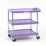 The Metro MY2030-34AP myCart Series 3-Shelf Utility Cart in purple, sized at 20 x 30, features three tiers, chrome poles, wheels, a handle on the top tier, and a crisp white background.