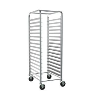 The Metro RT1334N End-Load Knock Down Pan Rack, measuring 20.375 x 28 x 64.125, has a spacious, open-sided rectangular frame with multiple shelves for trays, 1.5 slide spacing, four caster wheels for easy mobility, and is constructed from metal.