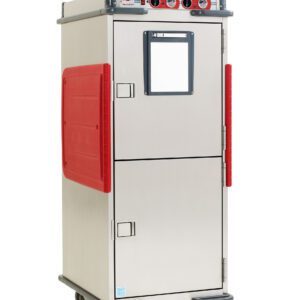 The Metro C5T9D-ASL C5 T-Series Heated Transport Cabinet is a full-height, stainless steel unit on wheels with Dutch solid doors and adjustable lip load slides. It runs on 120V power, features red handles, an upper door window, and a top control panel with gauges and buttons in its sleek design.