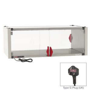 The Metro HSX2448-EKIT-UK Hot Enclosure Kit includes a stainless steel and glass warming cabinet with control knobs and red handles, powered by a 220-240V Type G UK plug. It features a visible black cord and a stainless steel heated shelf, measuring 48.7 x 27.7 x 17.4.