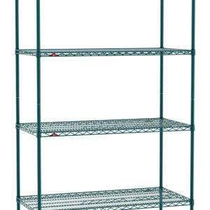 Introducing the Metro EZ2448NK3-4 Super Erecta 4-Shelf Industrial Wire Shelving Convenience Pak, a 24 x 48 x 74 unit in Metroseal Green Epoxy, offering a sleek and sturdy storage solution with four vertical metal rods.