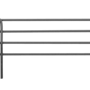 The Metro L21N-4-DSG Super Erecta 4 High Stackable Ledge for Wire Shelving, featuring smoked glass and a grey metallic finish, resembles minimalist parallel metal rods with curved ends and vertical supports, similar to a sleek industrial fence or rail.