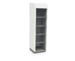 A tall, empty Metro SXRS80HGSTD Starsys Stationary Tambour Door General Supply Cabinet in white metal with three wire shelves and a gray interior is showcased from a slight angle against a plain background, emphasizing its sleek design.