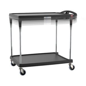 Introducing the Metro MY2636-25BL-PL myCart Plus Series 2-Shelf Utility Cart. With a black frame and chrome poles, this 26 x 36 height-adjustable cart glides smoothly on blue swivel wheels. Its convenient handle enhances its sturdy design for efficient item transport.