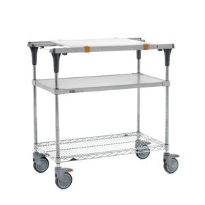 The Metro MS1836-FGBR-PK1 PrepMate MultiStation 36 prep station includes accessory pack 1, featuring a solid galvanized top shelf and Brite Zinc wire bottom shelf with chrome posts. It has four swivel wheels for versatility in various uses.