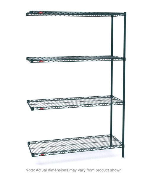 The Metro AN456K3 Super Erecta Add-On Unit features four evenly spaced wire shelves and measures 21 x 48 x 63, with a Metroseal Green Epoxy finish. Dimensions may vary from those depicted on the plain white background.