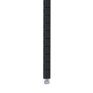 A vertical black column, like the Metro 74PQBL qwikSLOT Wire Shelving Post (Black, 74H), showcases evenly spaced horizontal grooves. It rests on a flat, light base with a hexagonal nut at the bottom, all set against a plain white background.