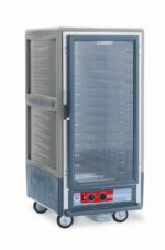 The Metro C537-HLFC-4-GYA C5 3 Series Insulated Holding Cabinet is a 3/4 height, mobile cabinet with a full-length clear door and fixed wire slides. It operates at 120V, 60Hz, and 1440W, and has control knobs for temperature adjustment.