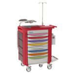 The Metro LECPEDS2-RD Lifeline Pediatric Crash Cart is red with colorful drawers and wheels, featuring a top adjustable arm, side foldable tray, and an attached IV pole for efficient hospital or clinic use.