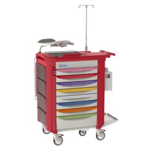The Metro LECPEDS2-RD Lifeline Pediatric Crash Cart is red with colorful drawers and wheels, featuring a top adjustable arm, side foldable tray, and an attached IV pole for efficient hospital or clinic use.