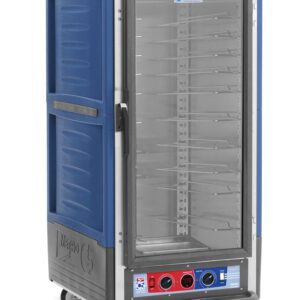 The Metro C537-CLFC-U-BUA C5 3 Series is a 3/4 height, blue insulated holding/proofing cabinet on wheels with Universal Wire Slides, a full-length clear door displaying shelves, and lower control knobs for maintaining warmth at 60Hz—perfect for catering or restaurant use.