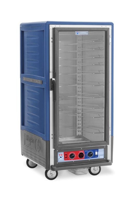 The Metro C537-CLFC-U-BUA C5 3 Series is a 3/4 height, blue insulated holding/proofing cabinet on wheels with Universal Wire Slides, a full-length clear door displaying shelves, and lower control knobs for maintaining warmth at 60Hz—perfect for catering or restaurant use.