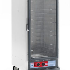 The Metro C517-HFC-UA C5 1 Series Holding Cabinet is a 3/4 height, stainless steel, wheeled food warmer with a transparent front door and internal wire racks. It operates at 120V/60Hz and has a bottom control panel with dials. This model includes universal wire slides for versatile arrangement.