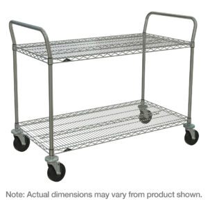 The Metro 2SPN56ABR SP Series Utility Cart features two brite wire shelves and four wheels, perfect for transport or storage. With handles on both ends, its sturdy design accommodates varying projects. Note: Actual dimensions are 24 x 60 x 39.