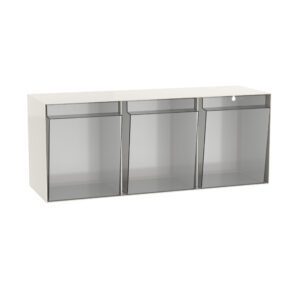 The Metro FL543 Flexline is a sleek white shelving unit with three transparent bins featuring drop-down lids, offering versatile storage with a minimalist and modern design.