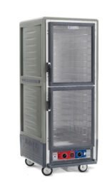 The Metro C539-CDC-4-GYA C5 3 Series Insulated Holding/Proofing Cabinet is a full-height, gray unit on wheels with Dutch clear doors and fixed wire slides. It features control dials, operates at 120V/60Hz, 2000W, and has a sleek design with metallic accents.