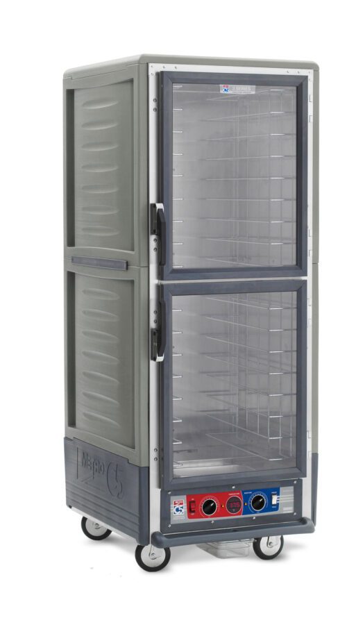 The Metro C539-CDC-4-GYA C5 3 Series Insulated Holding/Proofing Cabinet is a full-height, gray unit on wheels with Dutch clear doors and fixed wire slides. It features control dials, operates at 120V/60Hz, 2000W, and has a sleek design with metallic accents.