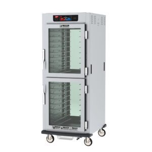The Metro C599L-SDC-UPDC is a full-height, pass-thru heated holding and proofing cabinet with Dutch Clear Doors and universal wire slides. It features a top digital control panel, side ventilation, and wheels for easy mobility. Designed to meet 120V/60Hz power at 1440W.