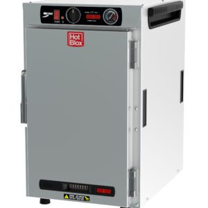 The Metro HBCN8-AS-CT HotBlox Narrow 8-Pan Insulated Countertop Holding Cabinet features a solid door, analog controller, and operates at 120V with 875W and 60Hz. Ideal for maintaining food temperature, it includes a front handle and temperature dial on top.