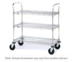Introducing the Metro 3SPN43ABR SP Series Utility Cart, featuring three brite wire shelves on a sturdy metal frame with four caster wheels. Ideal for versatile storage, dimensions are 21 x 36 x 39, though they may vary slightly.