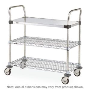 The Metro MW406 Utility Cart offers a 24 x 36 x 39 three-tier design, featuring one stainless steel solid top and two chrome wire shelves. With dual handles and four wheels, its ideal for versatile storage. Note: Actual dimensions may vary from product shown.