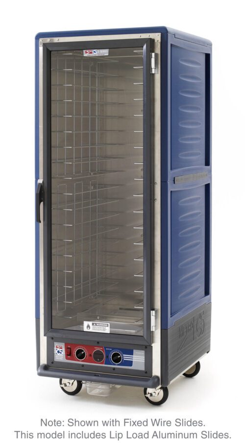 The Metro C539-MXFC-L-BU C5 3 Series is a full-height, blue insulated moisture heated holding/proofing cabinet with a clear door, lip load aluminum slides, multiple racks, and wheels for mobility. It operates on 220-240V power at 1681-2000W.