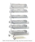 The Metro QB218-M12A qwikSIGHT Mobile Double-Sided 12-Basket Shelving Add-On Unit is a metal rack with six vertically stacked mesh baskets on a wheeled base, measuring 18 L. Open-top baskets ensure easy access; actual dimensions may slightly differ from those shown.
