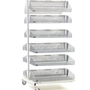The Metro QB218-M12A qwikSIGHT Mobile Double-Sided 12-Basket Shelving Add-On Unit is a metal rack with six vertically stacked mesh baskets on a wheeled base, measuring 18 L. Open-top baskets ensure easy access; actual dimensions may slightly differ from those shown.