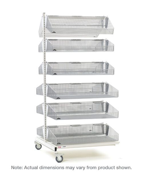 The Metro QB218-M12A qwikSIGHT Mobile Double-Sided 12-Basket Shelving Add-On Unit is a metal rack with six vertically stacked mesh baskets on a wheeled base, measuring 18 L. Open-top baskets ensure easy access; actual dimensions may slightly differ from those shown.