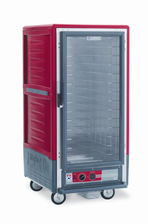 fobkwdo304tcg6mun90nq0fg7qs6re0b.jpg The Metro C537-HFC-4 C5 3 Series is a red, insulated holding cabinet with a full-length clear door, fixed wire slides, and adjustable shelves. It has wheels for easy transport and features a control panel with dials at the bottom. Operates efficiently on 120V, 60Hz, 2000W power.