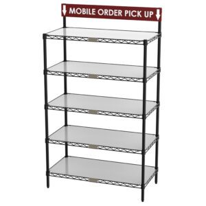 The Metro CR1836TGSR Wire Shelving Workstation, 18 x 36 x 63, includes a five-tiered black metal design, white platforms, and a maroon Mobile Order Pick Up sign on top.