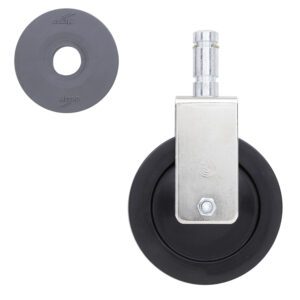 A black caster wheel with a silver metal bracket is compatible with the Metro 5MR 5 Resilient Rubber Rigid Stem Caster for Super Erecta Industrial Wire Shelving Racks. A separate circular black piece with a central hole lies beside it, ready for assembly.