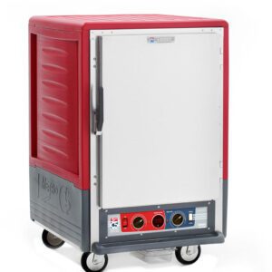 The Metro C535-CFS-4 C5 3 Series Insulated Holding/Proofing Cabinet is a 1/2 height, red unit with a full-length solid door and fixed wire slides. This 120V, 2000W cabinet includes features like temperature controls and wheels for mobility.