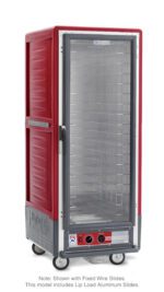 The Metro C539-HLFC-L C5 3 Series Insulated Holding Cabinet is a red commercial food warmer with a clear full-length door, metal shelves, and wheels for mobility. It features lip load aluminum slides and operates at 120V, 60Hz, and 1440W.