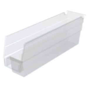 The Metro MB30110CLN Nesting Shelf Bin is a clear rectangular plastic storage solution (11.6 x 2.75 x 4) with an open top, back edge lip for hanging, and transparent design for easy content visibility.