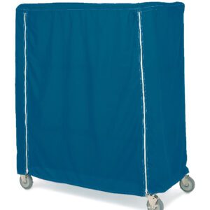 The Metro 18X36X54VUCMB cover in Mariner Blue is made of uncoated polyester with Velcro closure, designed for secure storage or transport. It fits on an 18 x 36 x 54 cart with a wheeled base and features four swivel casters.