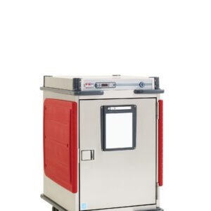 The Metro C5T5X-DSB C5 T-Series Heated Transport Cabinet is a 1/2 height stainless steel unit with red side panels, handles, wheels, and a small door with a label holder. It features a top control panel and operates at 220-240V, 50/60Hz.