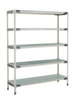 The MetroMax i 5X367HX3 5-Shelf Plastic Industrial Shelving Starter Unit with Solid Bottom Shelf, sized at 18 x 60 x 74, features an industrial design with five adjustable shelves offering a sleek silver finish and open grid style for versatile organizational needs.