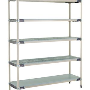 The MetroMax i 5X367HX3 5-Shelf Plastic Industrial Shelving Starter Unit with Solid Bottom Shelf, sized at 18 x 60 x 74, features an industrial design with five adjustable shelves offering a sleek silver finish and open grid style for versatile organizational needs.