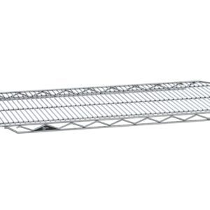 The Metro 1448QC qwikSLOT Wire Display Shelf in chrome offers a 14 x 48 flat surface with a strong frame and crisscrossed support bars for durability, ideal for organizing or storing items.