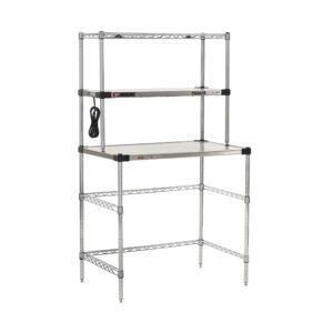 The Metro EZHS36W-KIT Super Erecta Hot Workstation features a 24 x 36 x 64 size, a white tabletop, two metal wire shelves, adjustable legs, and a stainless steel heated shelf powered by a 400W element with an attached electrical cord.
