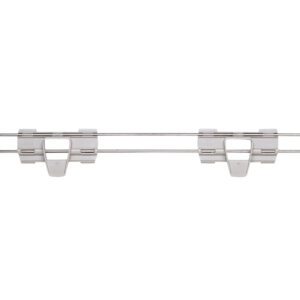 The metal pants hanger with adjustable clips, similar in sturdiness to the Metro MAX4-L42-2S Stackable Shelf Ledge for MetroMax 4 Shelving, features two horizontal bars and three sliding clips, ensuring flexible garment support like organized industrial shelving.