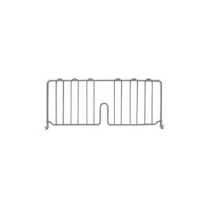 The Metro DD21K4 Super Erecta 8 High Shelf Divider for Wire Shelves features a metal frame with vertical bars and an open bottom section, coated in Metroseal Gray Epoxy. It includes hooks for easy attachment against a white backdrop.