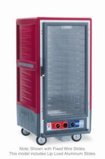 The Metro C537-MXFC-LA C5 3 Series cabinet is a 3/4 height, red insulated moisture heated holding/proofing unit with a clear full-length door. It features lip load aluminum slides, wheels, base controls, and operates at 220-240V/50-60Hz with a power of 1681-2000W.