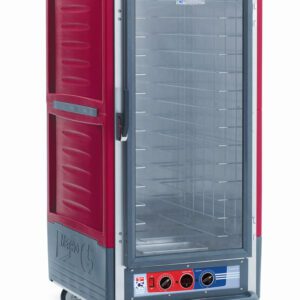 The Metro C537-MXFC-LA C5 3 Series cabinet is a 3/4 height, red insulated moisture heated holding/proofing unit with a clear full-length door. It features lip load aluminum slides, wheels, base controls, and operates at 220-240V/50-60Hz with a power of 1681-2000W.