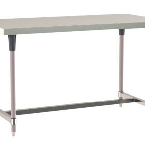 The Metro TWS2436SI-304-K TableWorx Stationary Performance Work Table features a 24 x 36 Type 304 stainless steel surface, a Stainless Steel I-Frame, and Metroseal Gray Epoxy Coated Legs with polymer mounts for durability. Its legs include protective wraps and adjustable feet for stability.