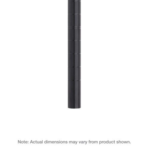 The black cylindrical, segmented item looks like a 63 H Metro 63UPBL Super Erecta Mobile-Ready Industrial Wire Shelving Post on a white background, with a note stating: Note: Actual dimensions may vary from product shown.